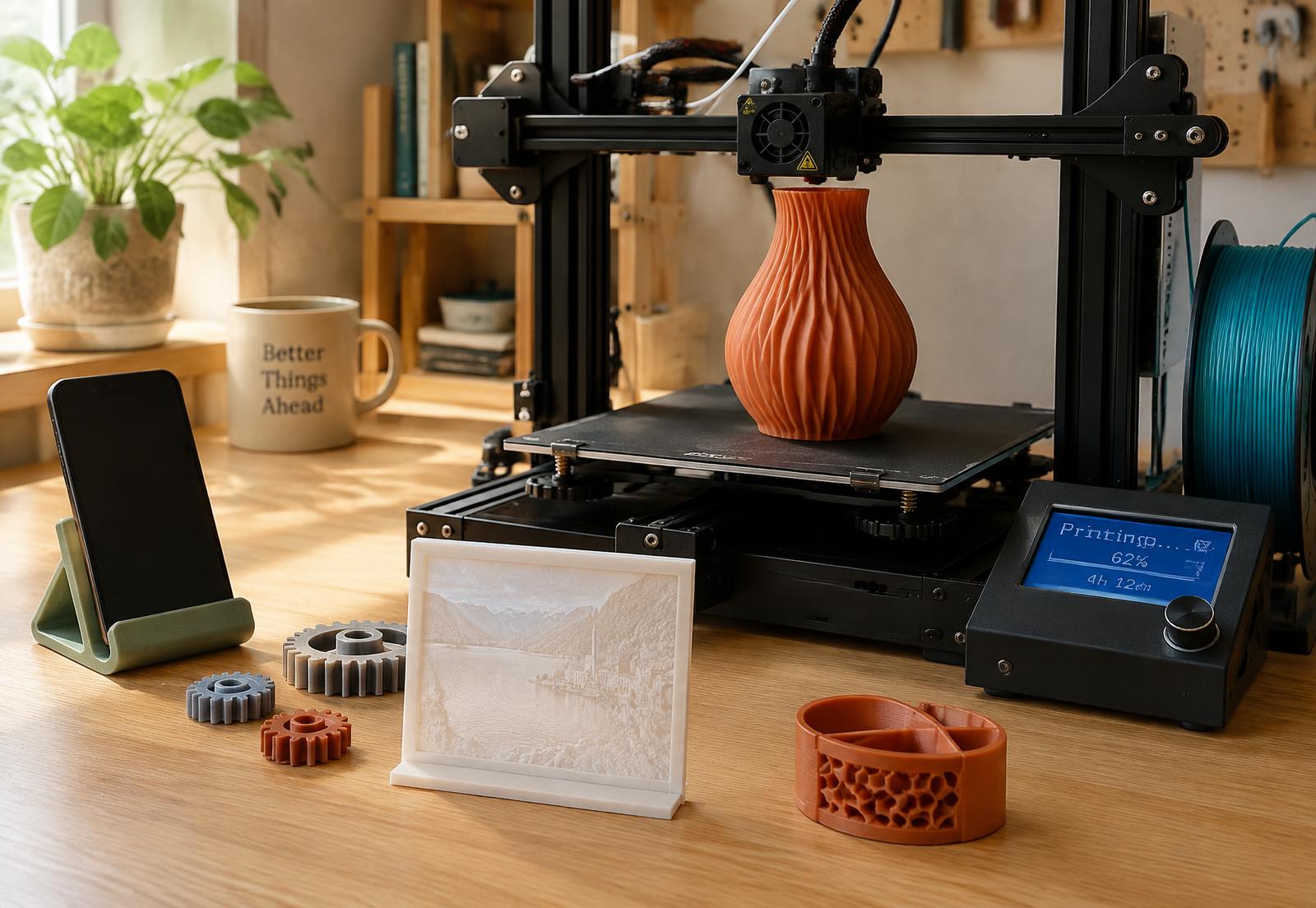 3D nyomtató készít egy vázát, mellette 3D nyomtatott tárgyak